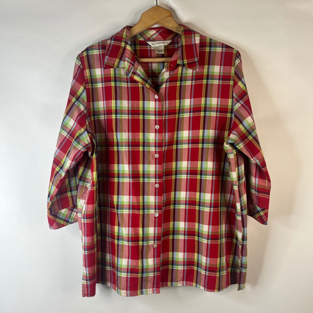 Allison Daley Button Down Shirt Women 18 Red Multi Plaid 3/4 Sleeve Casual